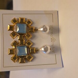 Ann Paige Designs Gold Tone Light Blue Square, Pearl Drop Earrings NWT